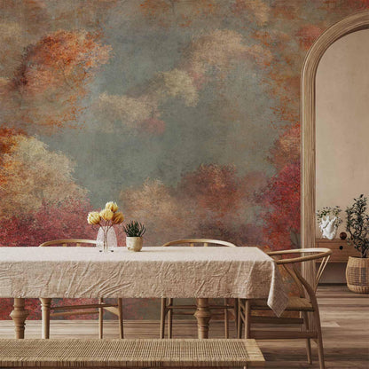 Fototapete - Nature in autumn - landscape of autumn trees in painted retro style