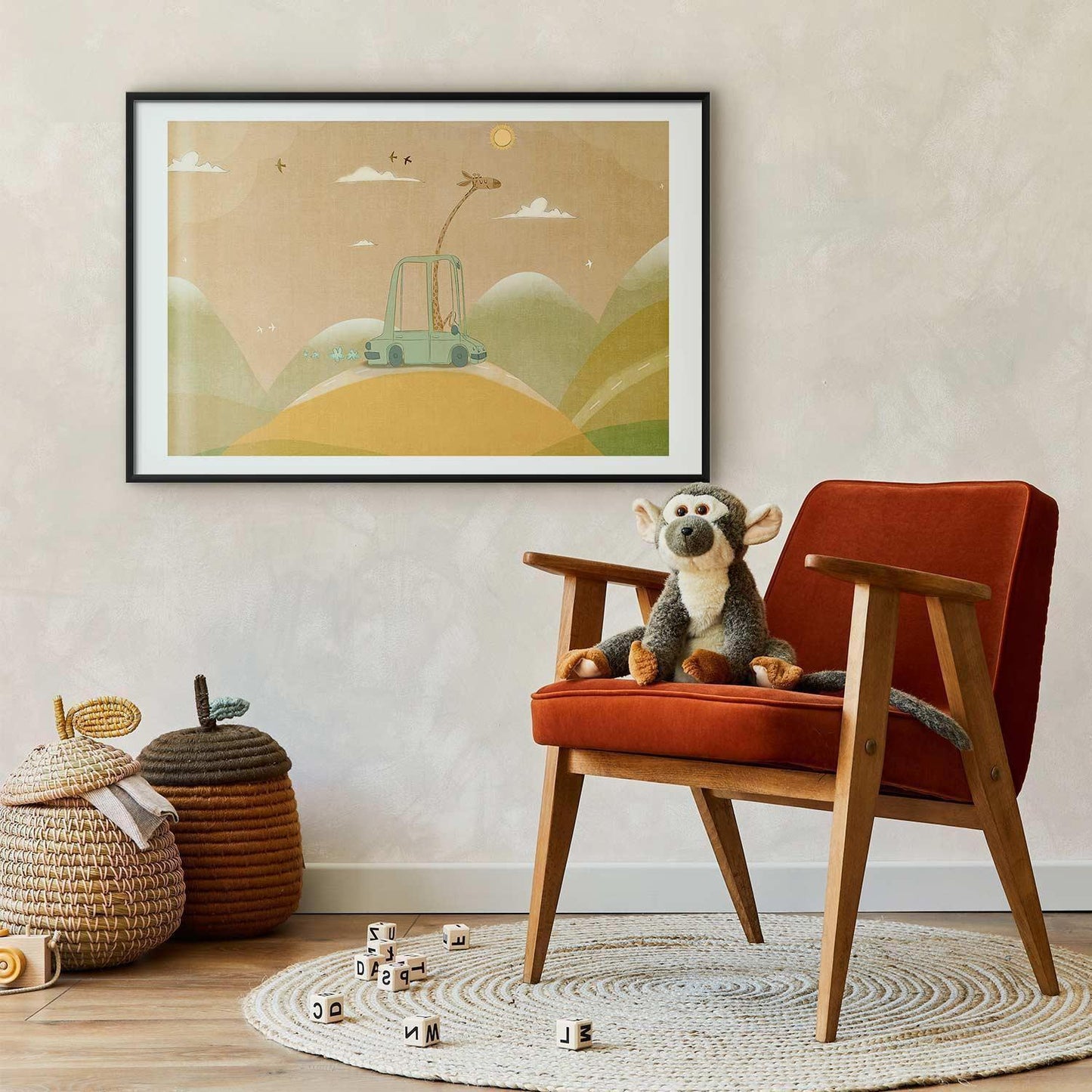 Poster Giraffe auf Reisen – Lustige Wanddeko für Kinderzimmer