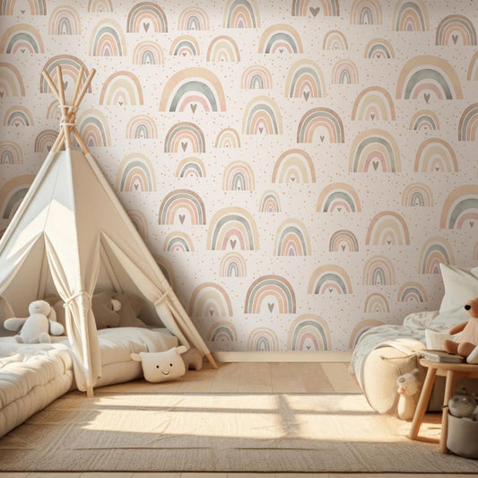 Kinderzimmer mit Regenbogen-Herzen Fototapete - zauberhafte Wandgestaltung für Kinder