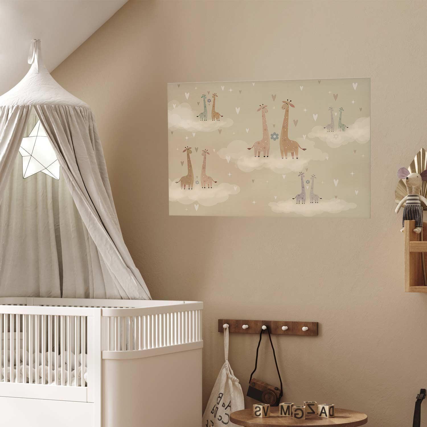 Poster featuring loving giraffes in whimsical nursery decor setting.
