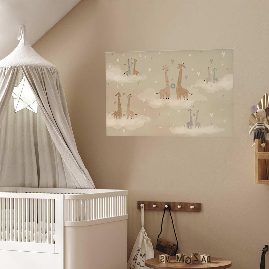 Poster featuring loving giraffes in whimsical nursery decor setting.