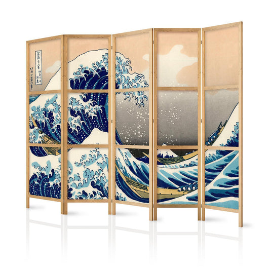 Japanischer 5-teiliger Paravent mit Hokusais 'Die große Welle vor Kanagawa' in Full-HD Druckqualität, einseitig bedruckt, als eleganter Raumteiler für moderne Wohnräume