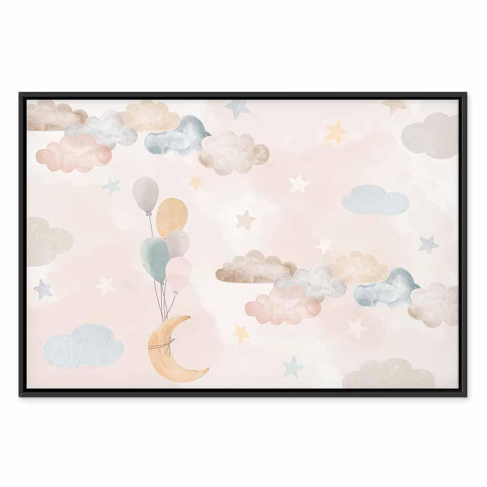Leinwandbild - Fairy-Tale Moon - Pastel Moon with Balloons Among Colorful Clouds and Stars in Subdued Colors on a Light Background