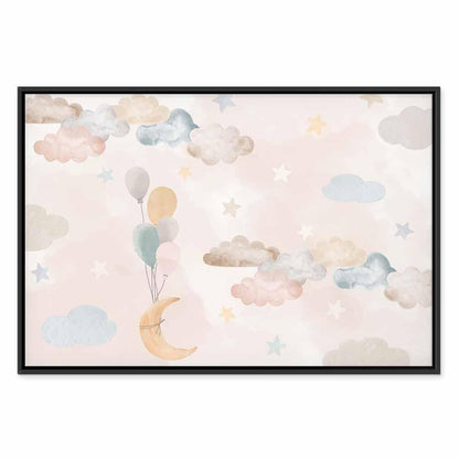 Leinwandbild - Fairy-Tale Moon - Pastel Moon with Balloons Among Colorful Clouds and Stars in Subdued Colors on a Light Background