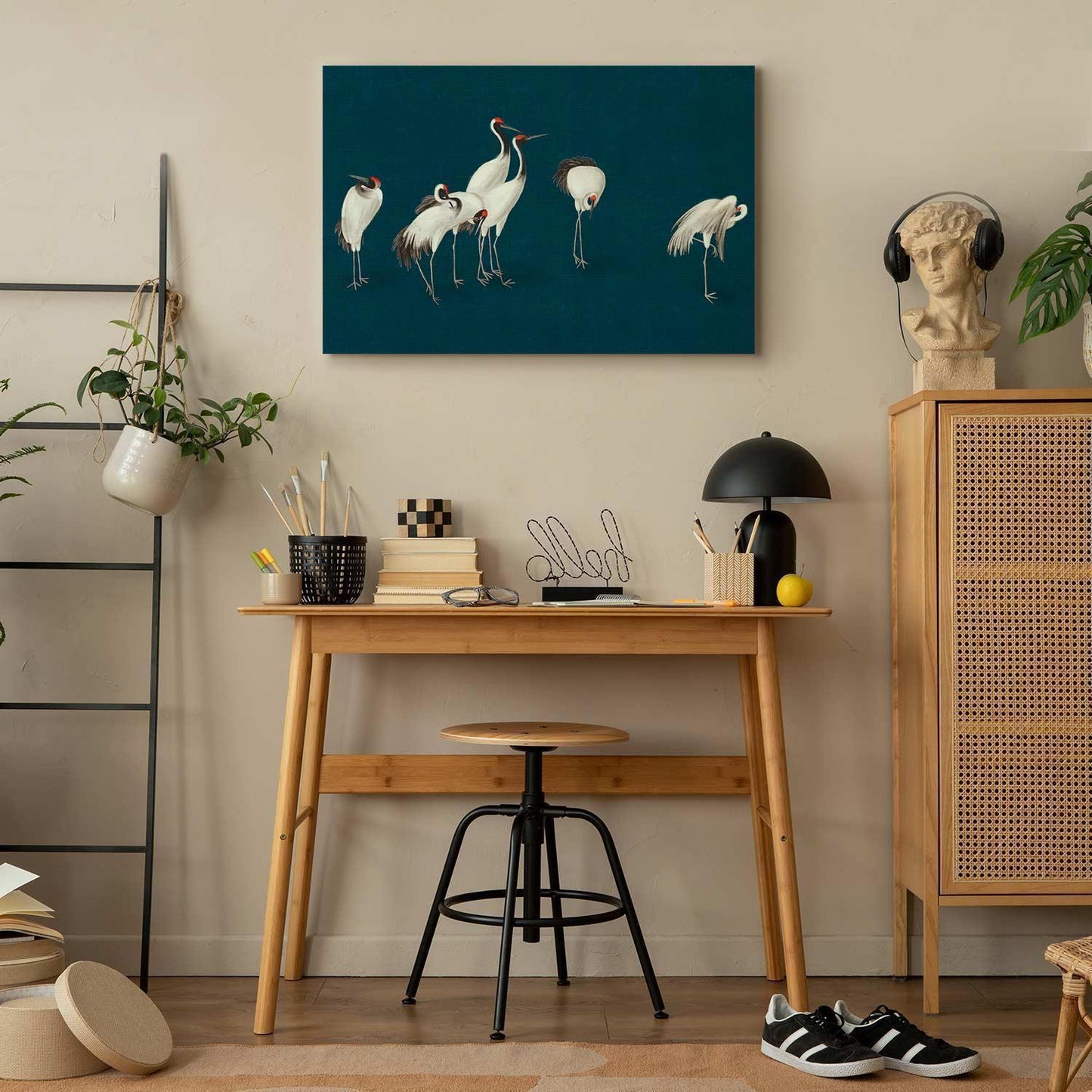 Leinwandbild - Evening by the pond - a group of cranes drawn in dry pastel on a dark turquoise background