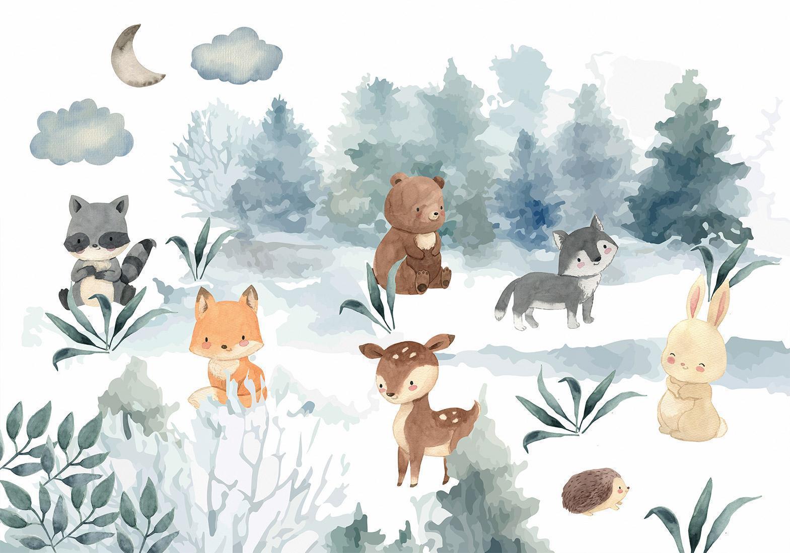 Fototapete - Forest Games - Animals in a Forest Painted in Watercolours Artgeist