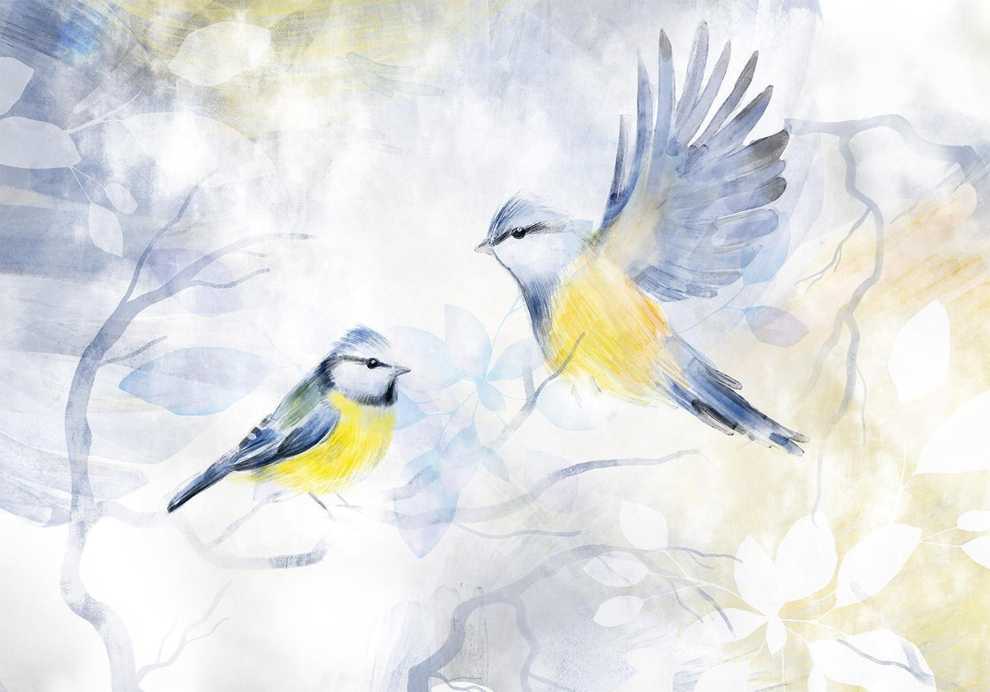 Fototapete - Meisentraum - Bezaubernde Aquarell-Kunst mit elegantem Meisen-Motiv