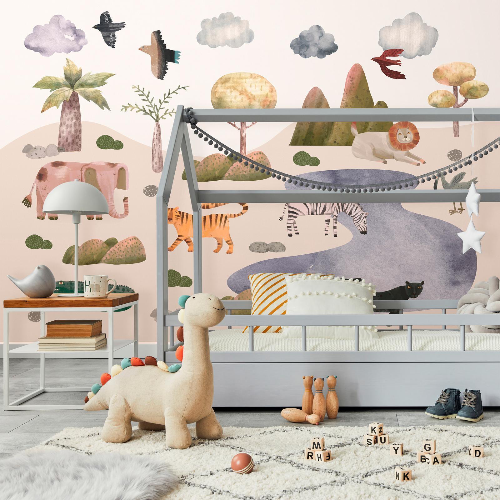 Fototapete - Africa for Toddlers - Savannah Animals in Pastel Colours Artgeist