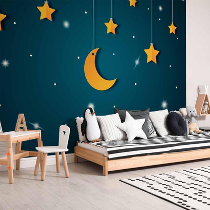 Fototapete - Skyline - turquoise night sky landscape with stars for children