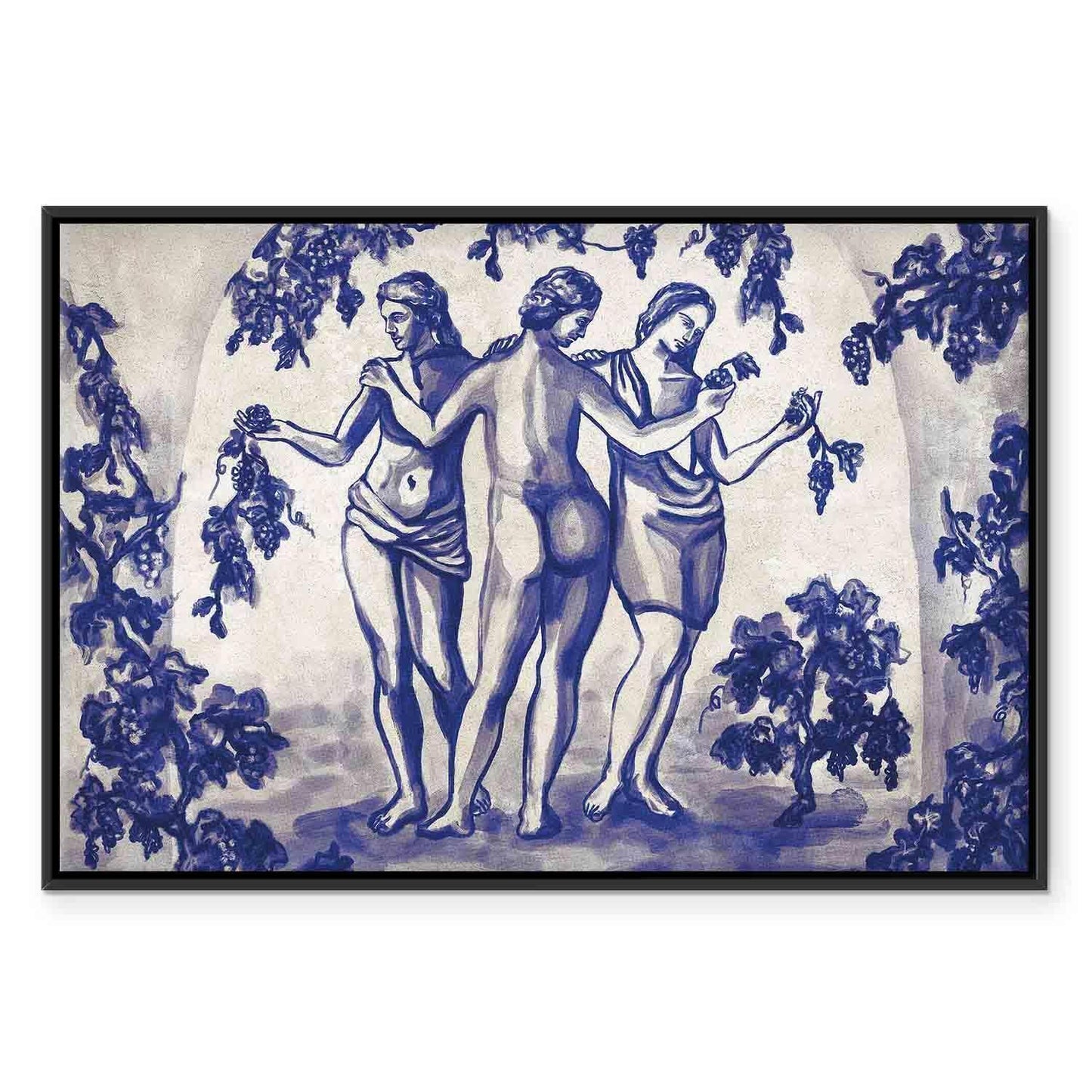 Leinwandbild - Ancient vineyard - three women in a portal painted with blue ink