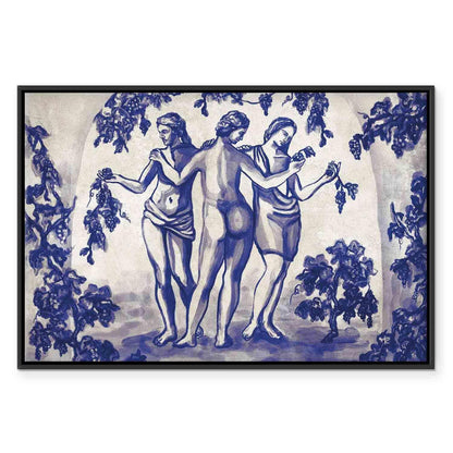 Leinwandbild - Ancient vineyard - three women in a portal painted with blue ink