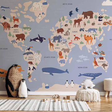 Fototapete - World Map With Animal Illustrations Artgeist