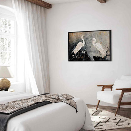 Leinwandbild - Herons and cherry blossoms - oriental-style illustration depicting birds
