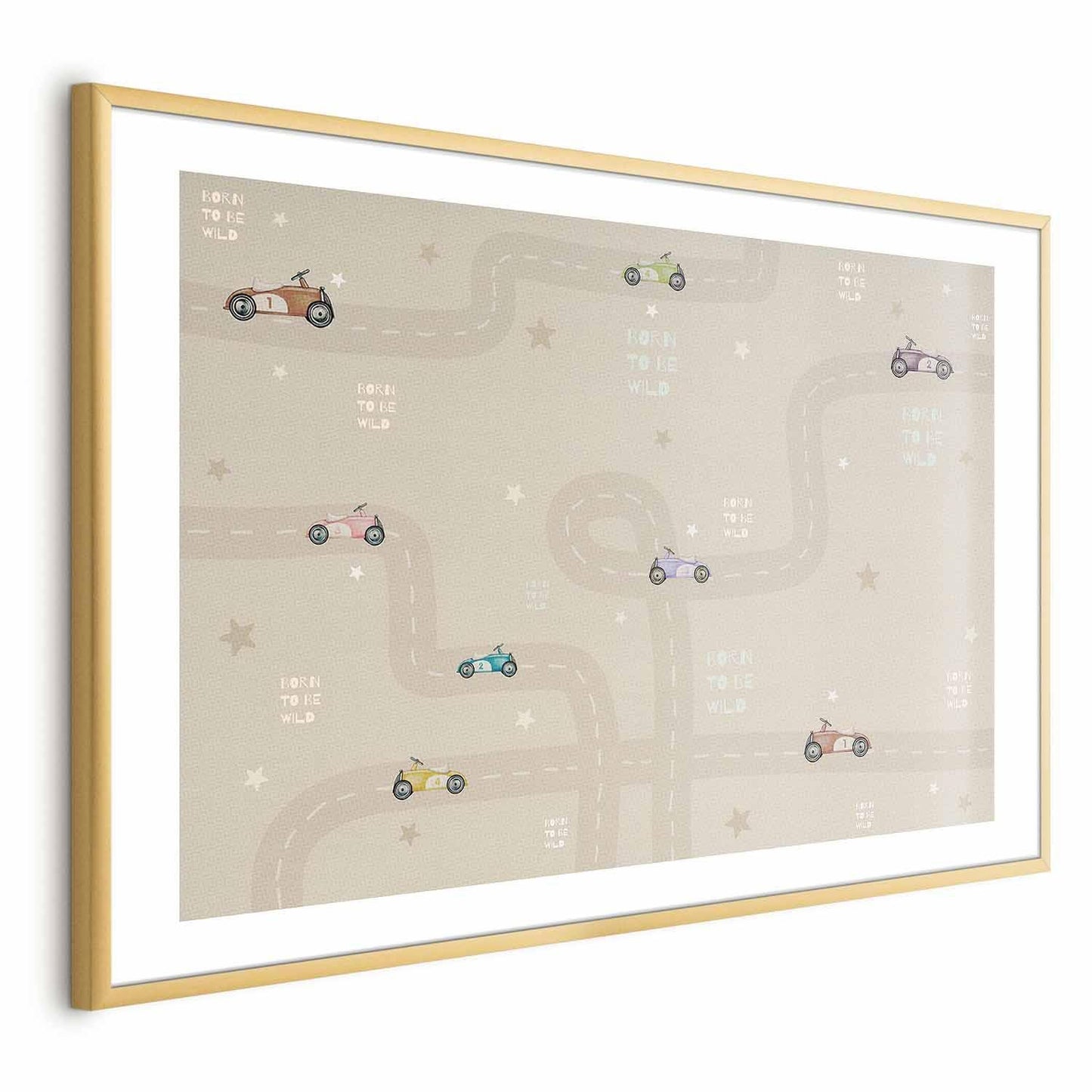 Poster of racing cars with a gold frame, featuring colorful cartoon cars on a winding road.