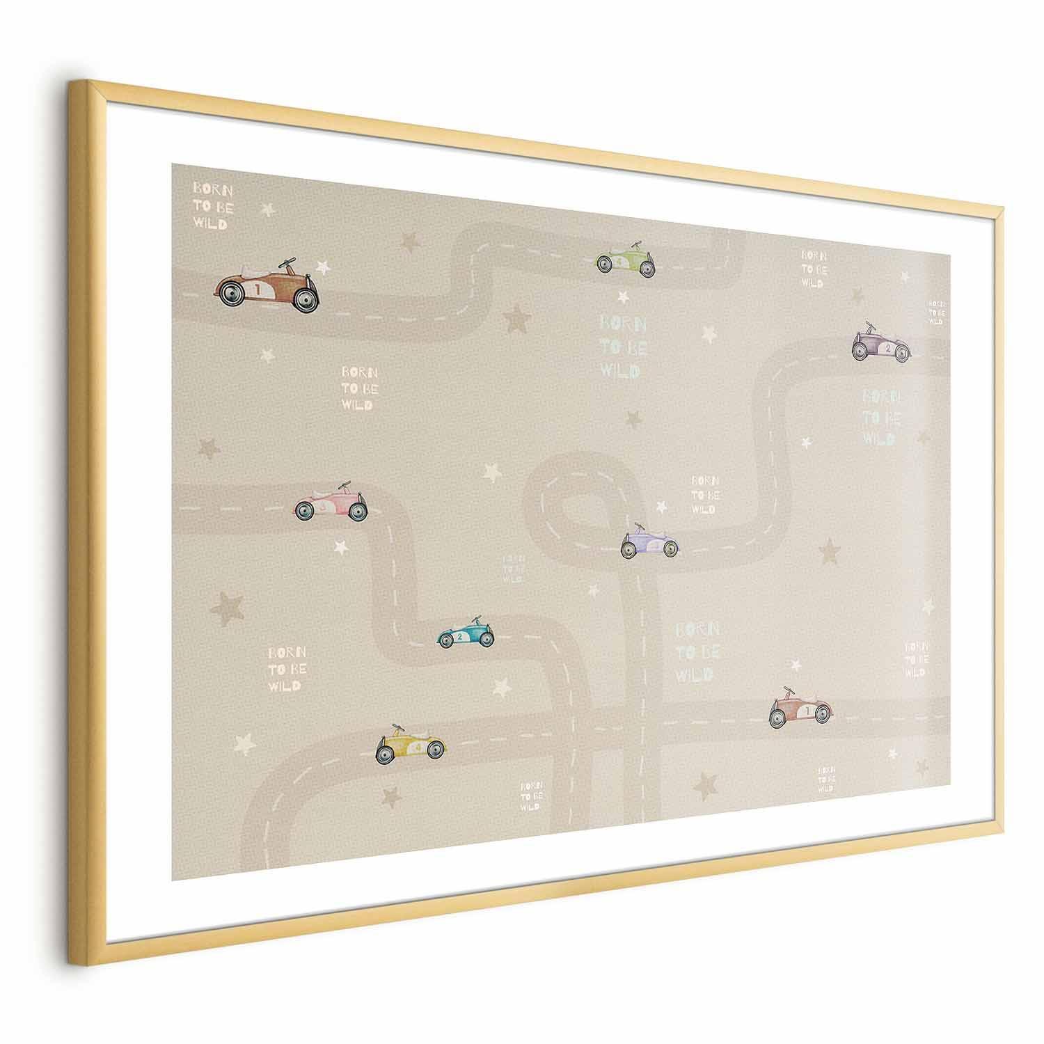 Poster of racing cars with a gold frame, featuring colorful cartoon cars on a winding road.