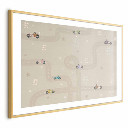 Poster of racing cars with a gold frame, featuring colorful cartoon cars on a winding road.