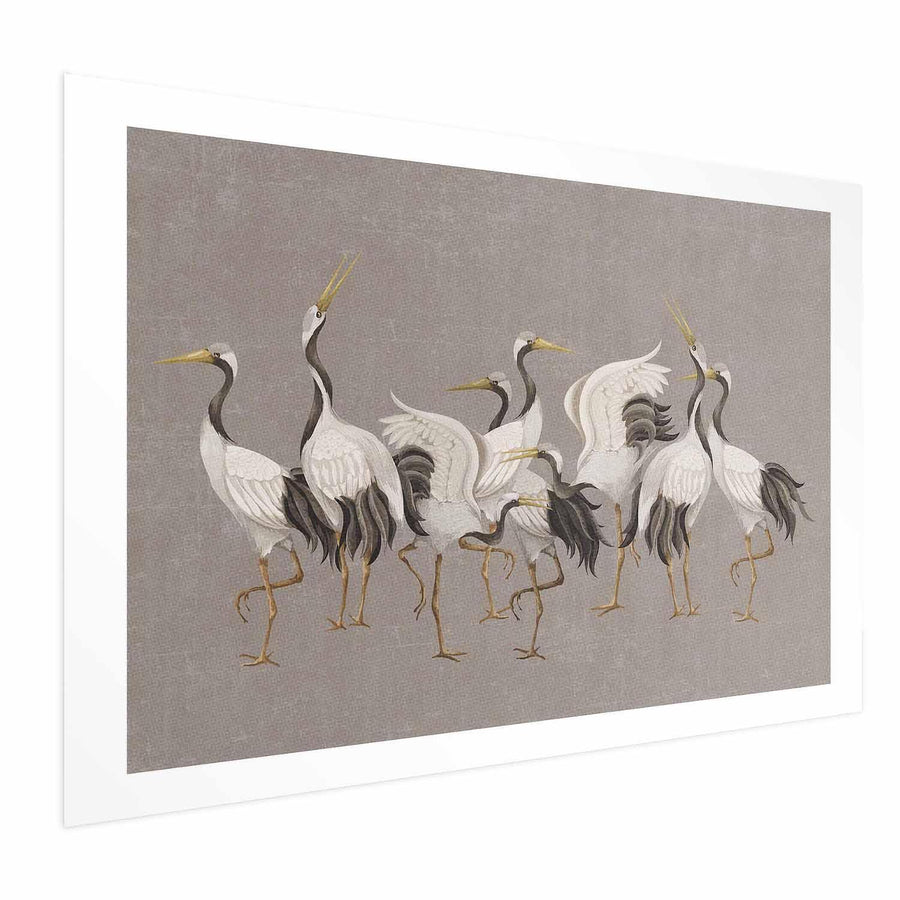 Poster - Crane Dance - light bird silhouettes on a warm-gray textured background Artgeist