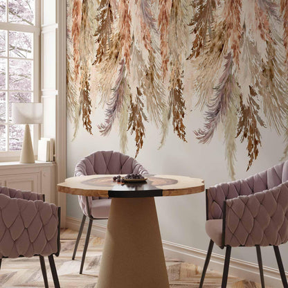 Fototapete - Minimalist boho landscape - dangling leaves in beige colours