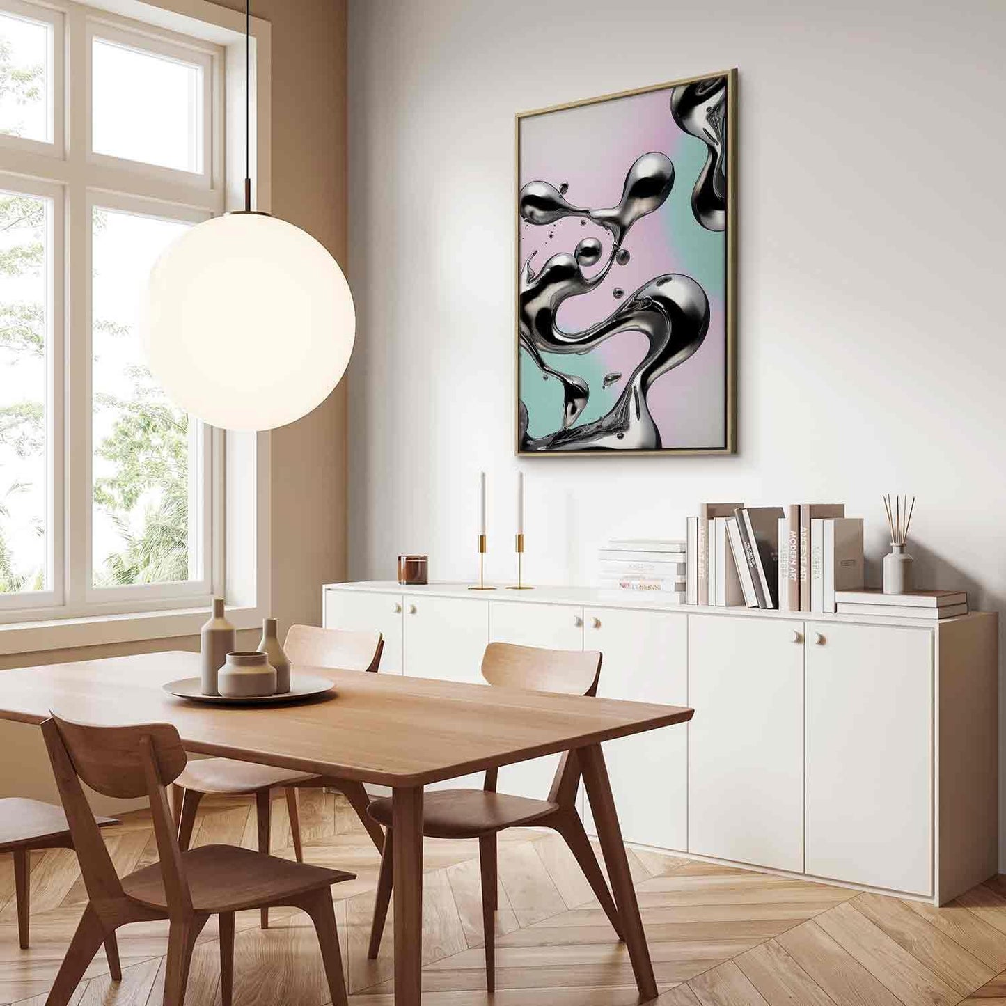 Leinwandbild - Metallic Fluidity - Abstract Silver Forms on a Mint-Purple Background