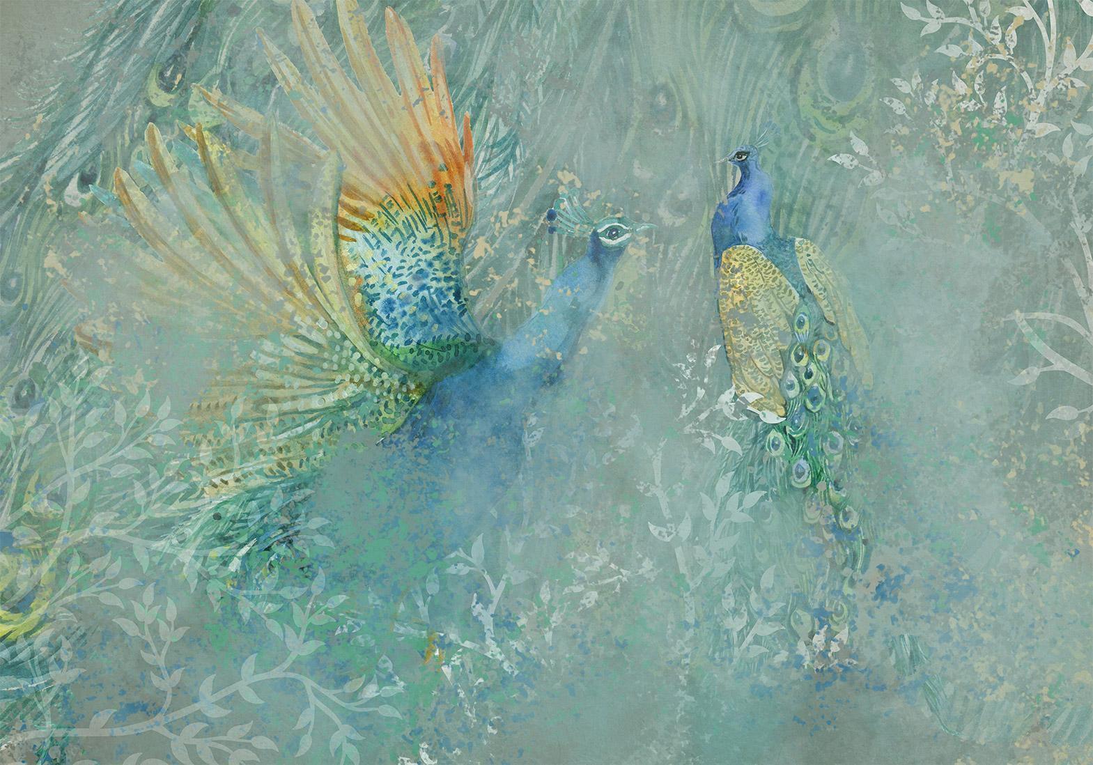 Fototapete „Peacocks Dancing“ – Majestätische Pfauen im eleganten Tanz Artgeist