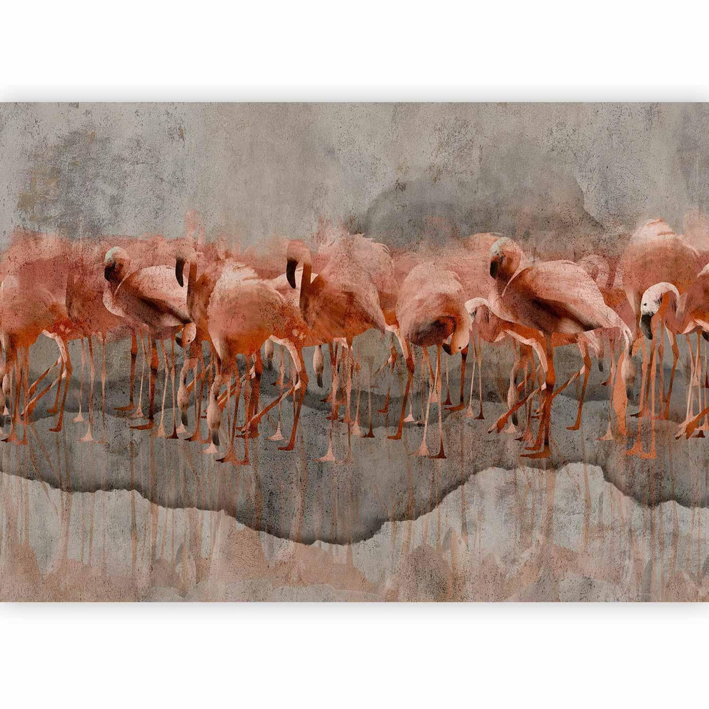 Fototapete - Exotic birds - pink flamingos with shadow on grey concrete background Artgeist