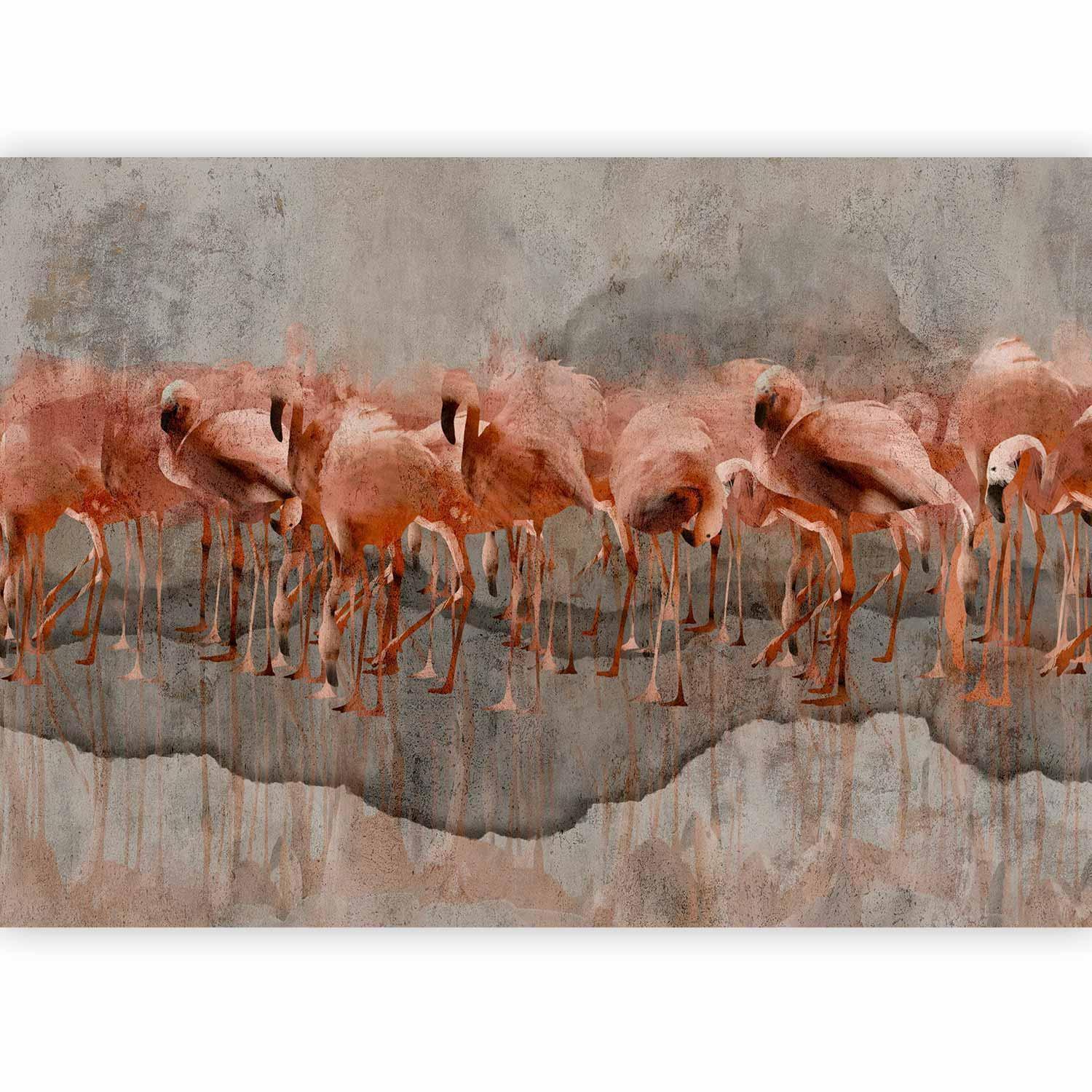 Fototapete - Exotic birds - pink flamingos with shadow on grey concrete background Artgeist