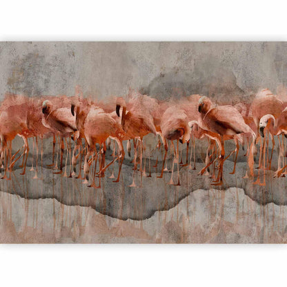 Fototapete - Exotic birds - pink flamingos with shadow on grey concrete background Artgeist