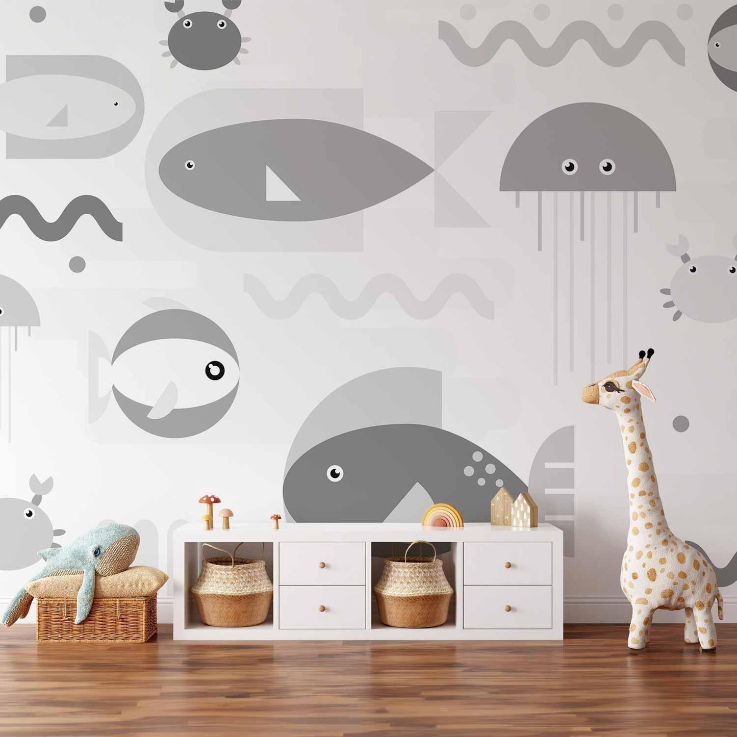 Fototapete - Minimalist grey ocean - geometric fish in water for children Artgeist