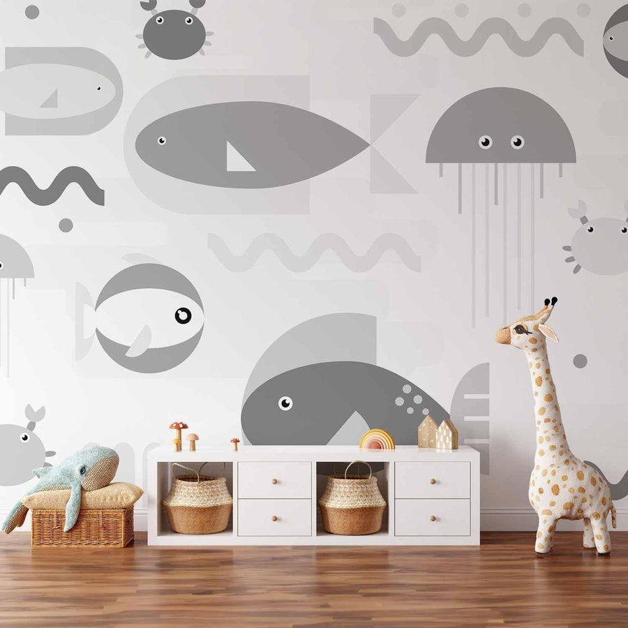Fototapete - Minimalist grey ocean - geometric fish in water for children Artgeist