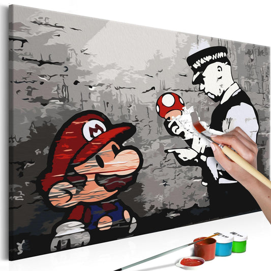 Wandbild zum Ausmalen Mario Banksy Dekoration - kultiger Super Mario im Street Art-Stil als Gaming-Wandschmuck