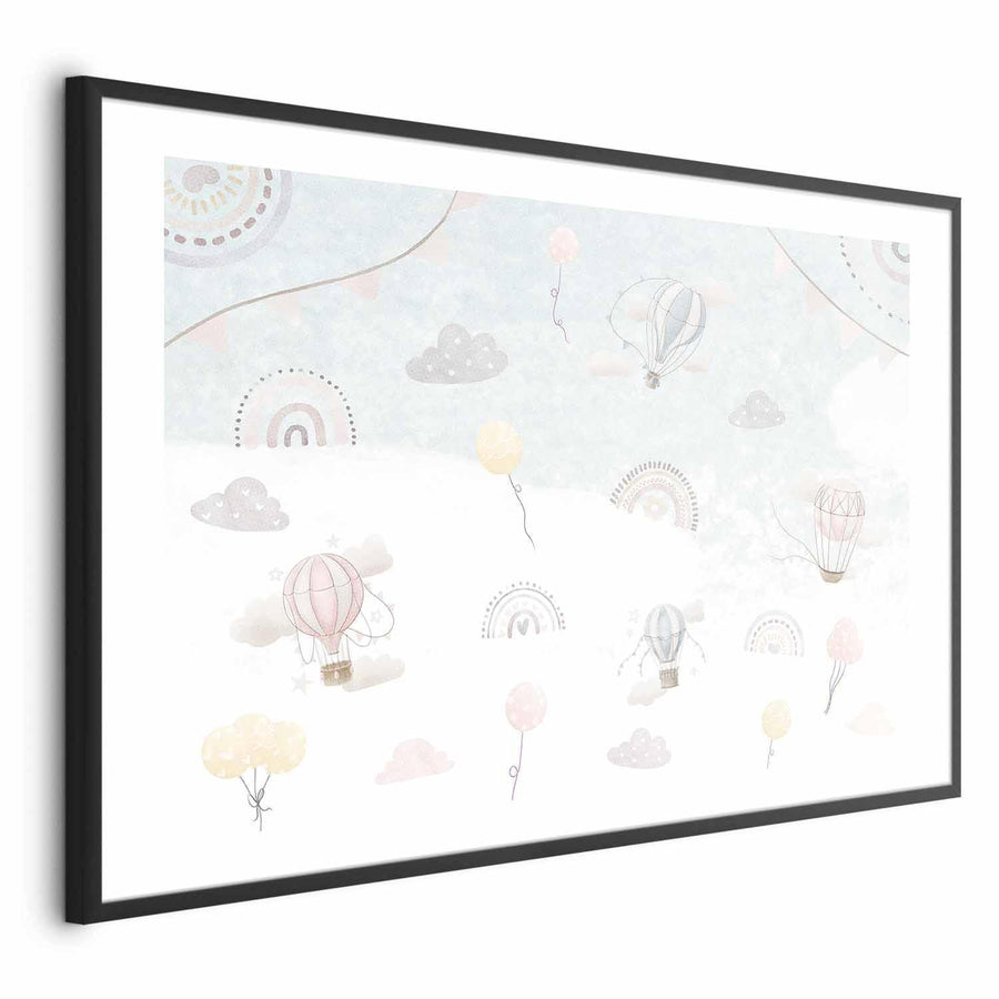 Hot air balloons floating among clouds on the 