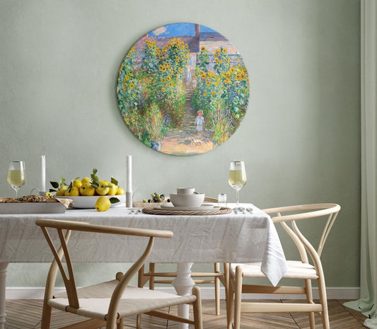 Rundes Bild - Claude Monet’s Garden at Vétheuil - Farmhouse With Sunflowers Artgeist