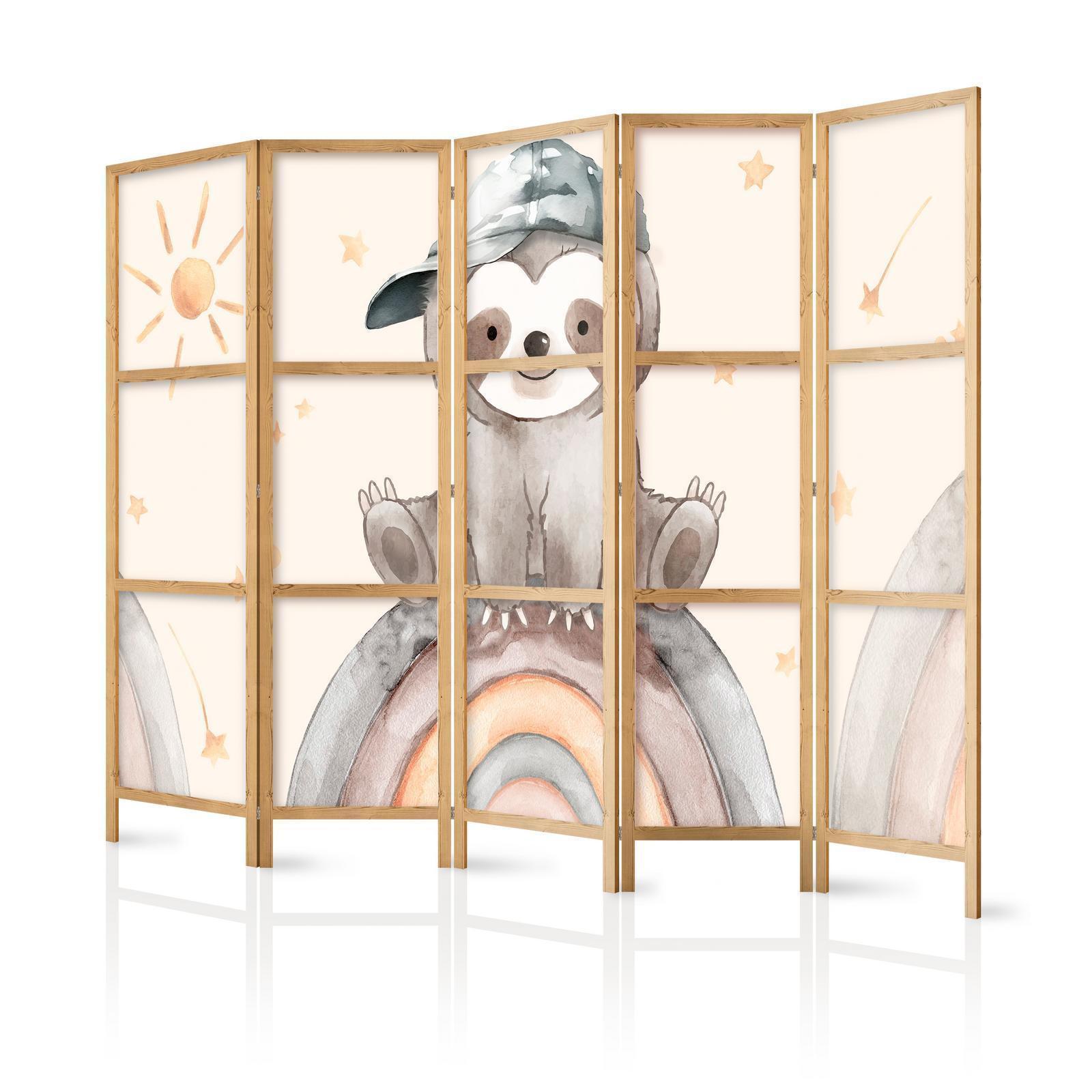 Japanischer Paravent - Happy Sloth - Sloth in muted colors - wearing a cap - sitting on a rainbow among the stars Artgeist