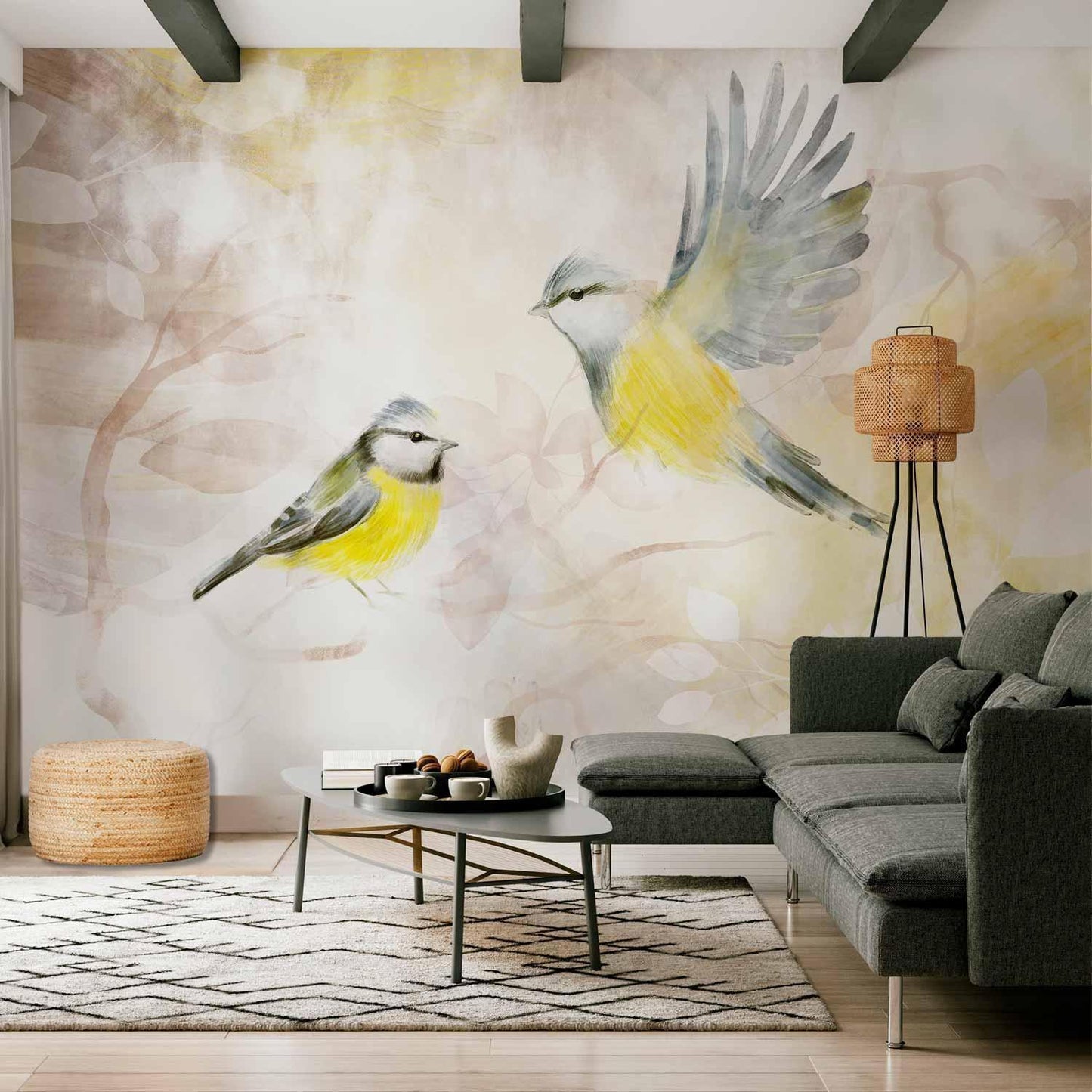 Fototapete - Painted tits - bird motif with patterns in yellow and beige tones Artgeist