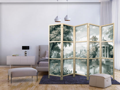 Japanischer Paravent - View of the Park and Lake - Retro Vintage Landscape in Greens