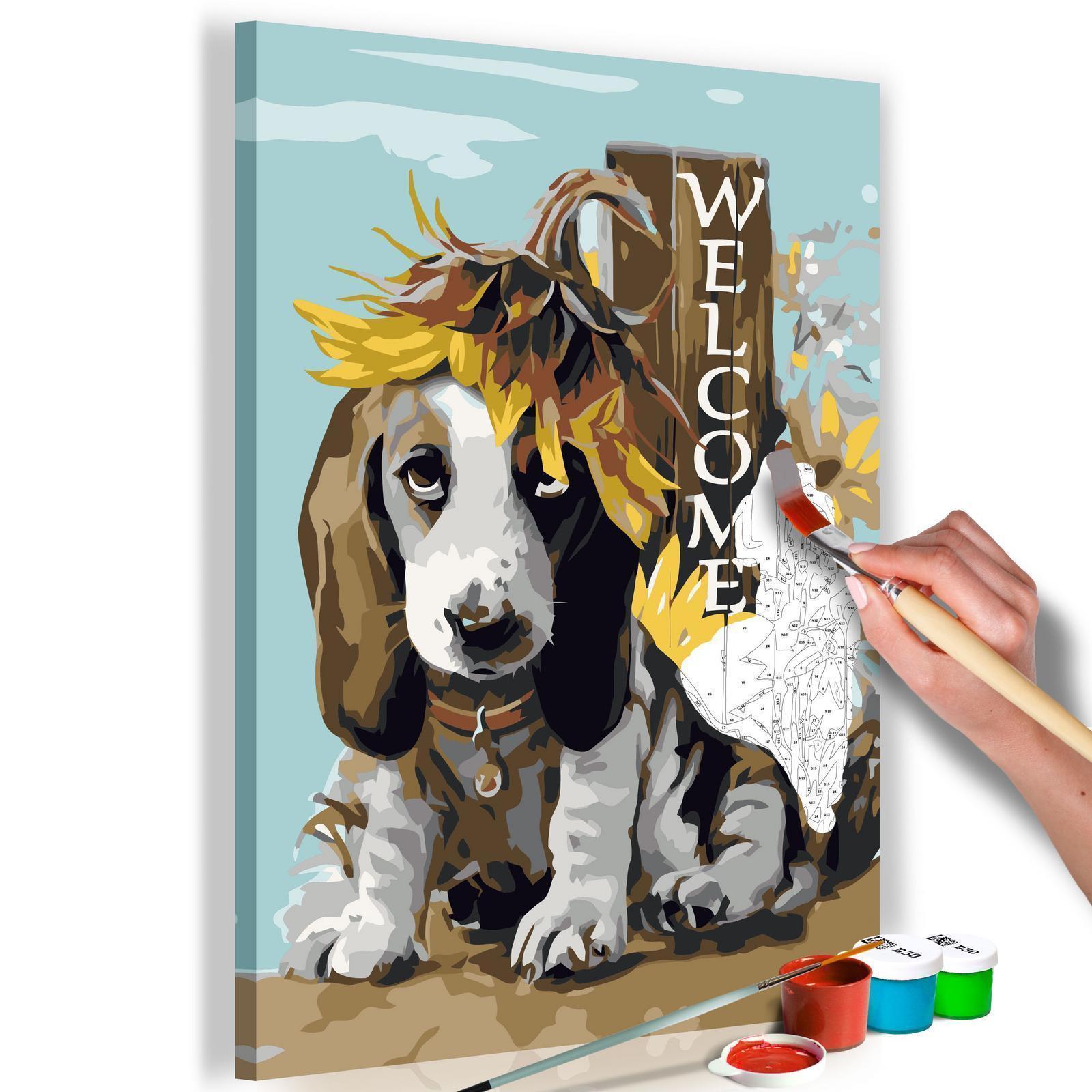 Wandbild zum Ausmalen Hund mit Sonnenblumen - Fröhliches Hunde-Motiv Malen nach Zahlen Set mit Leinwand, Farben und Pinseln