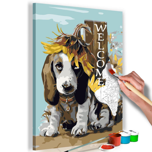 Wandbild zum Ausmalen Hund mit Sonnenblumen - Fröhliches Hunde-Motiv Malen nach Zahlen Set mit Leinwand, Farben und Pinseln