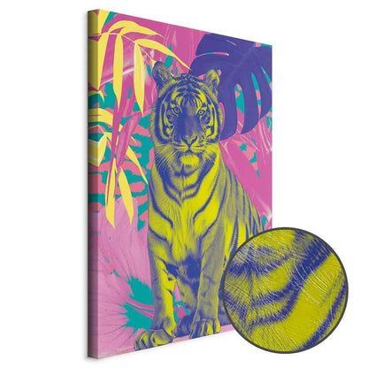 Leinwandbild - Colorful Tiger - Intense Colors of a Tiger Surrounded by Tropical Plants