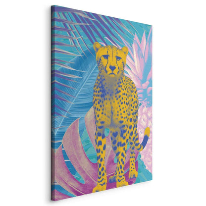Leinwandbild - Exotic Leopard - Colorful Portrait of a Cheetah Against Tropical Leaves Artgeist