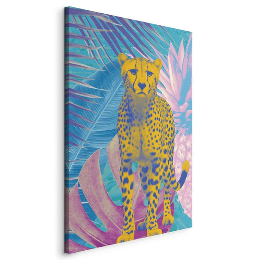 Leinwandbild - Exotic Leopard - Colorful Portrait of a Cheetah Against Tropical Leaves Artgeist