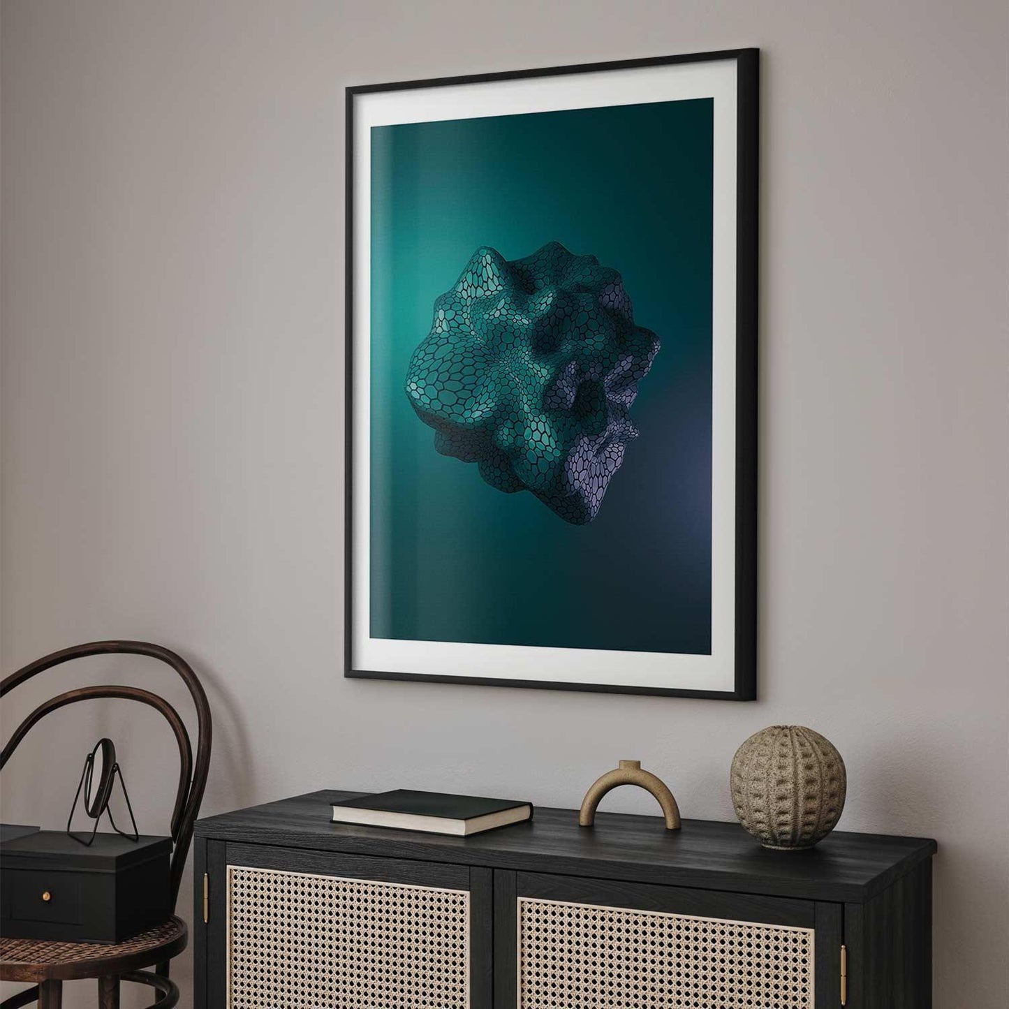 Modern interior with "Poster - Gamma" artwork, featuring abstract design in elegant frame.