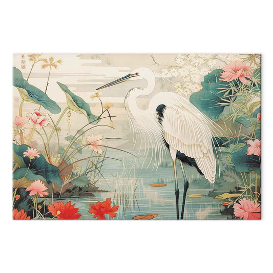 Leinwandbild - By an Asian pond - an illustration in the style of a Japanese engraving, depicting a heron
