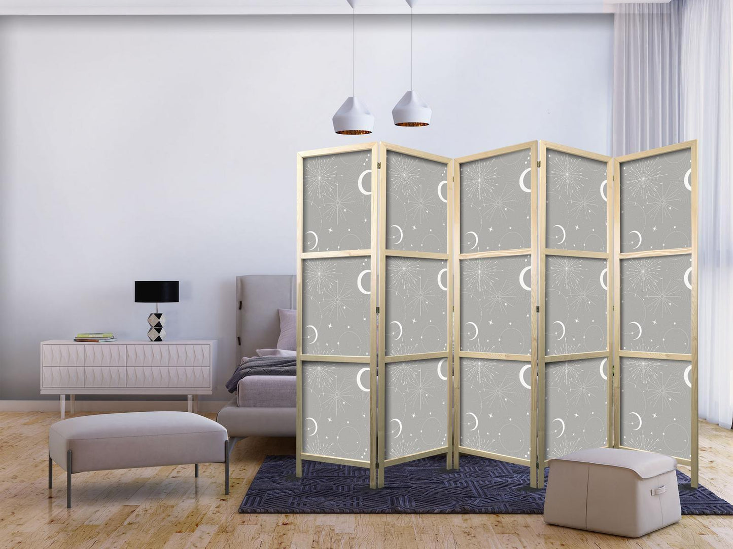 Japanischer Paravent - Cosmic Fireworks - Elegant Pattern with Moons and Stars on a Gray Background