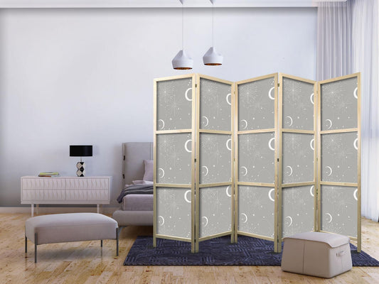 Japanischer Paravent - Cosmic Fireworks - Elegant Pattern with Moons and Stars on a Gray Background