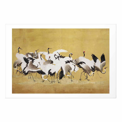 Poster - Japanese Cranes - a flock of birds against a golden background based on the painting of Ishida Yūtei
