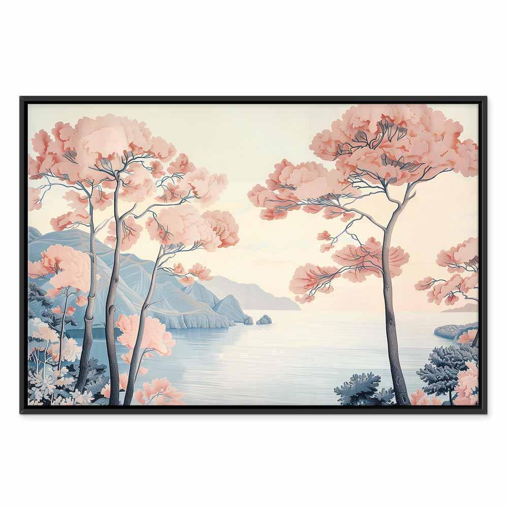 Leinwandbild - Landscape with the Ocean Cliffs and Trees in Delicate Pink Shades