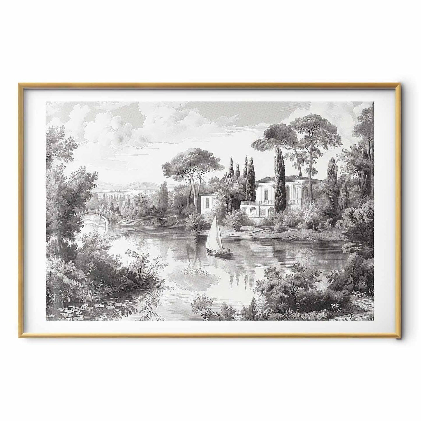 Poster - Black-and-White Vintage Landscape with a Pond