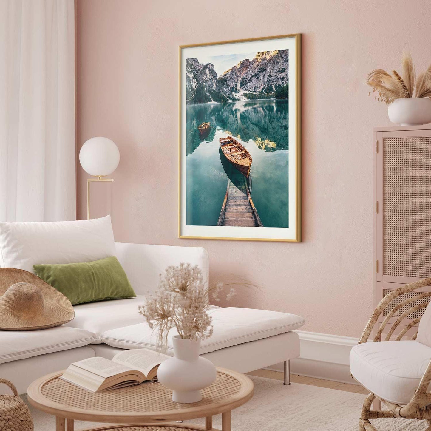 Poster of boats on a serene lake in the Dolomites, perfect for home decor.