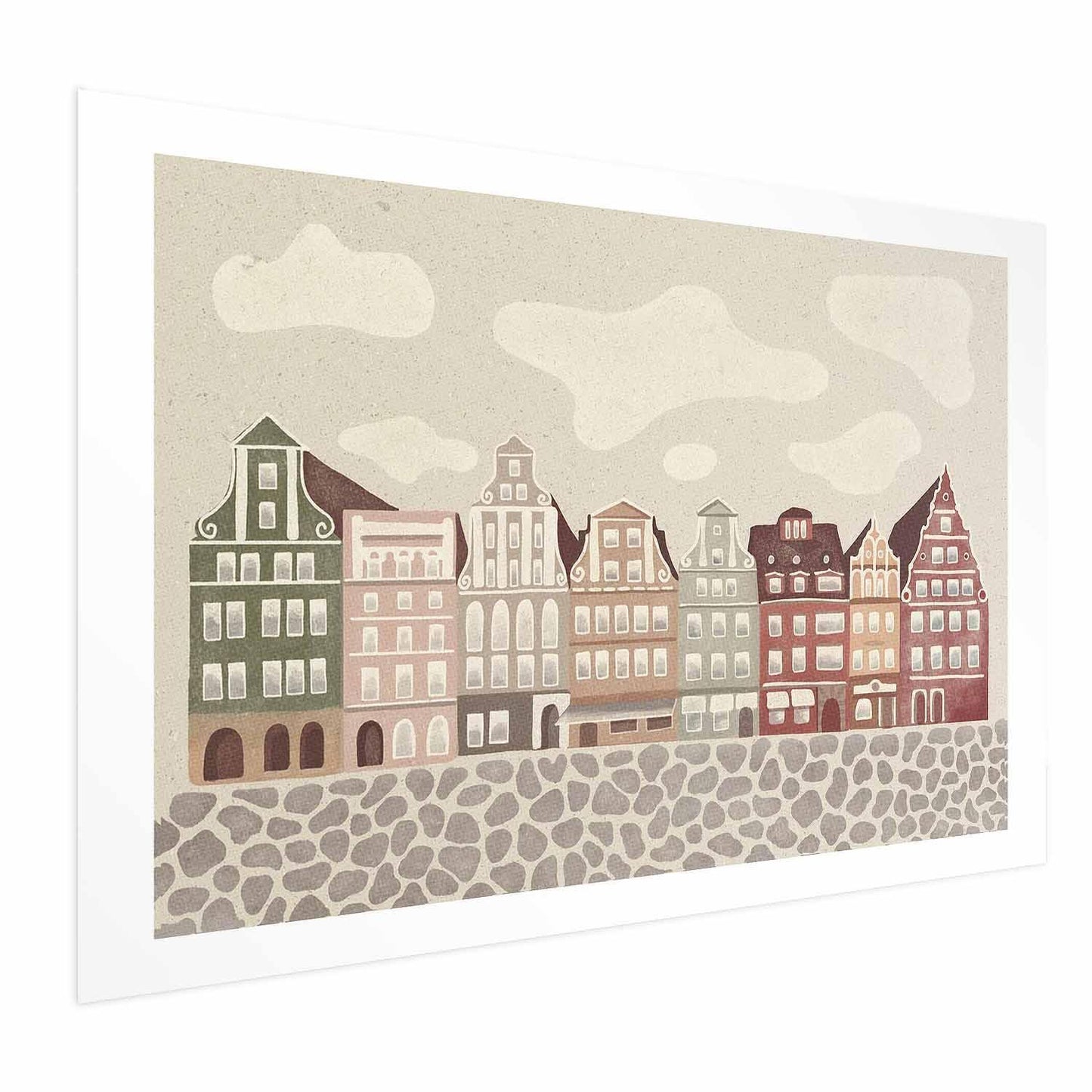 Colorful facades poster depicting historic Wrocław tenement houses against sky and cobblestone street.