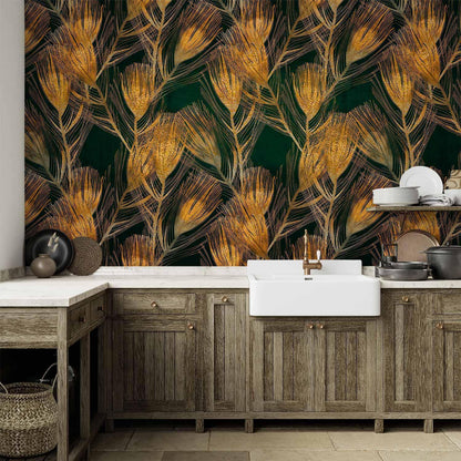 Fototapete - Golden peacock feathers - solid background with bird pattern on green background